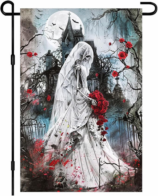 Halloween Horror Garden Flag 12x18 Inch Skeleton Bride Haunted Church Flag Outdoor Yard Decorations House Banner Porch Lawn Patio Home Decor