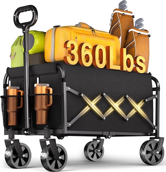 Wagons Carts Foldable - 360Lbs Collapsible Wagon Cart with Wheels Portable - Folding Wagon Lightweight for Camping, Sports, Travel, Picnic, Groceries, Shopping