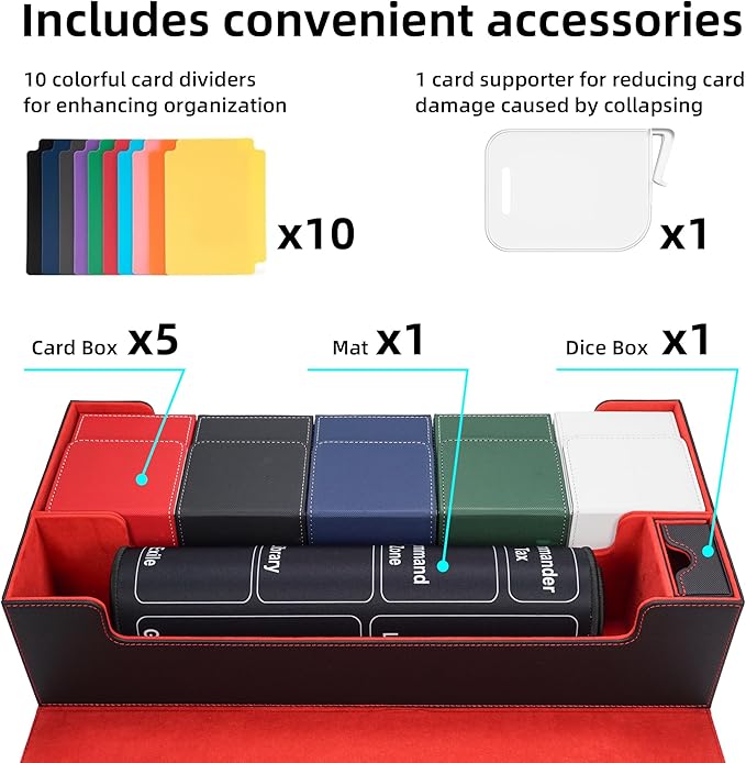 AFIING MTG Deck Box 6 In1 with MTG Playma,Premium Card Storage Box with 5 Pcs MTG Deck Box Holds 2400+ Trading Cards, Large TCG Card Deck Case for Magic Yugioh Sports Cards (Black&Red)