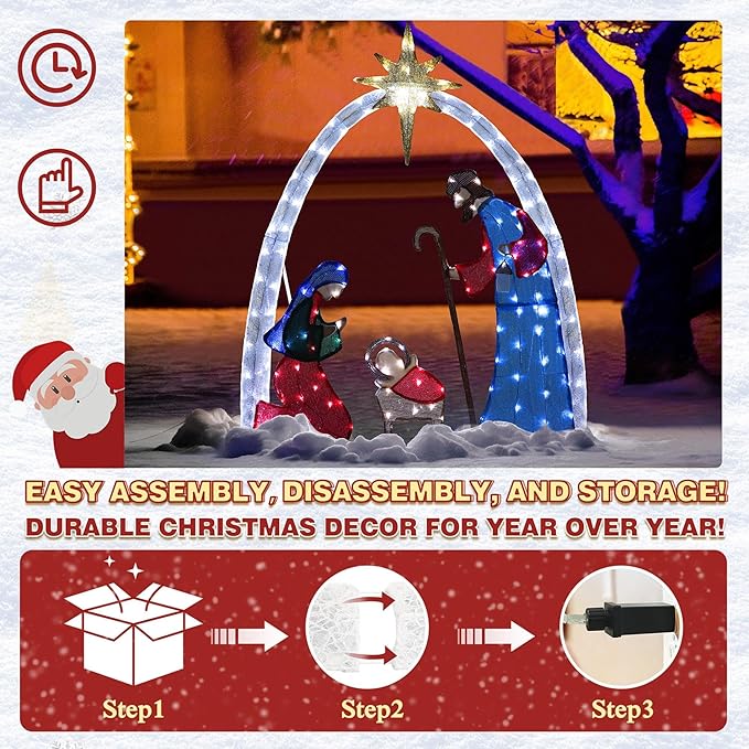 MUPATER 5ft Lighted Outdoor Christmas Decoration Nativity Scene, Lighted Christmas Yard Decor Nativity Set for Lawn and Home Holiday Party with Lights, Ground Stakes and Zip Ties, Multicolor