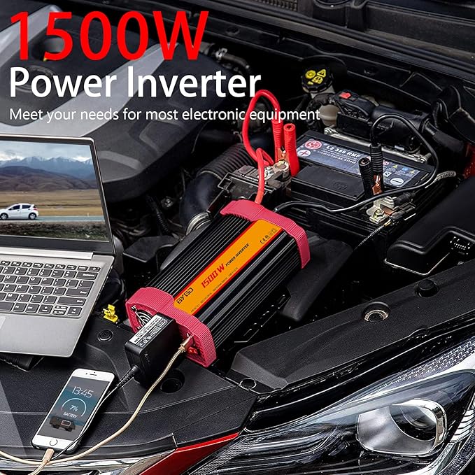 1500W Car Power Inverter DC 12V to AC 110V Car Converter Charger Adapter with Dual Outlets and 4.2A Dual USB Ports DC to AC Power Inverter for Truck Outdoor Home Camping RV Hurricane Emergency Red