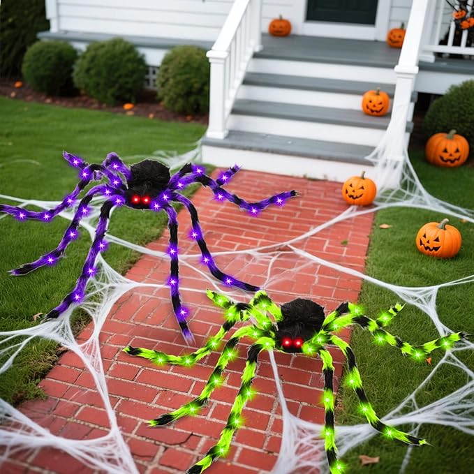2 Pack 50" Halloween Light Up Spiders, Giant Hairy Spider Decorations with Green and Purple LED Lights, Scary Outdoor Indoor Halloween Decor for Yard, Porch, Tree, Party, Haunted House