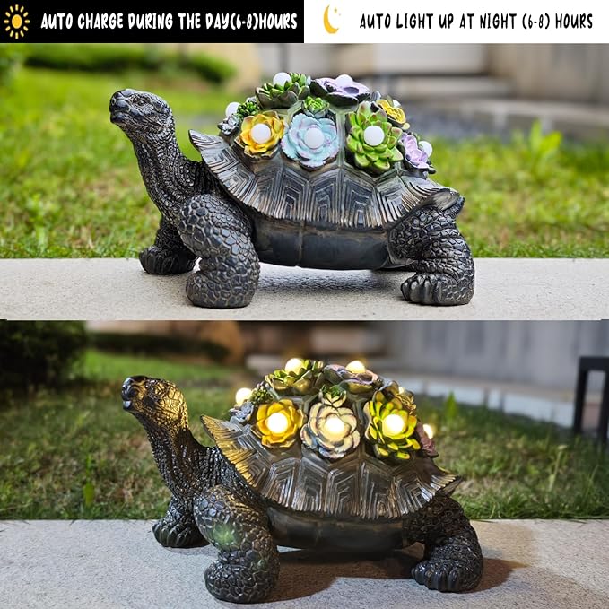 Solar-Powered Succulent Turtle Statue - Resin Garden Decor with LED Lights, Waterproof Outdoor Ornament for Patio, Yard, Lawn - Unique Housewarming Gifts