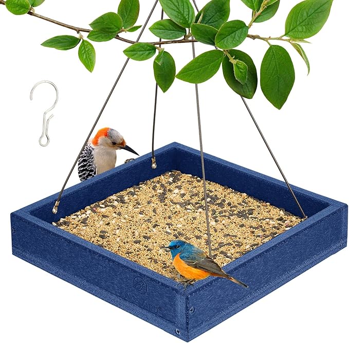 Kingsyard Platform Mealworm Bird Feeder for Outside, Recycled Plastic Hanging Tray Bird Feeders with Large Capacity 3.5 lbs, Premium Quality & Durable, Great for Attracting Wild Birds, Blue