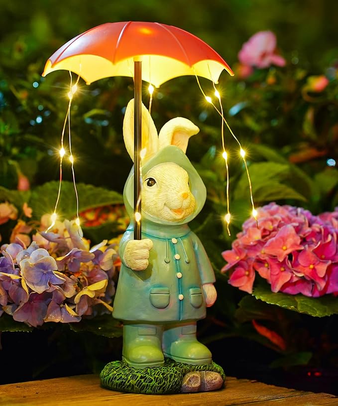 Solar Rabbit Garden Statue Outdoor Decor, Bunny Figurines Lights with Umbrella for Outside Yard Lawn Ornaments,Gifts for Mother's Day Birthday Easter Housewarming