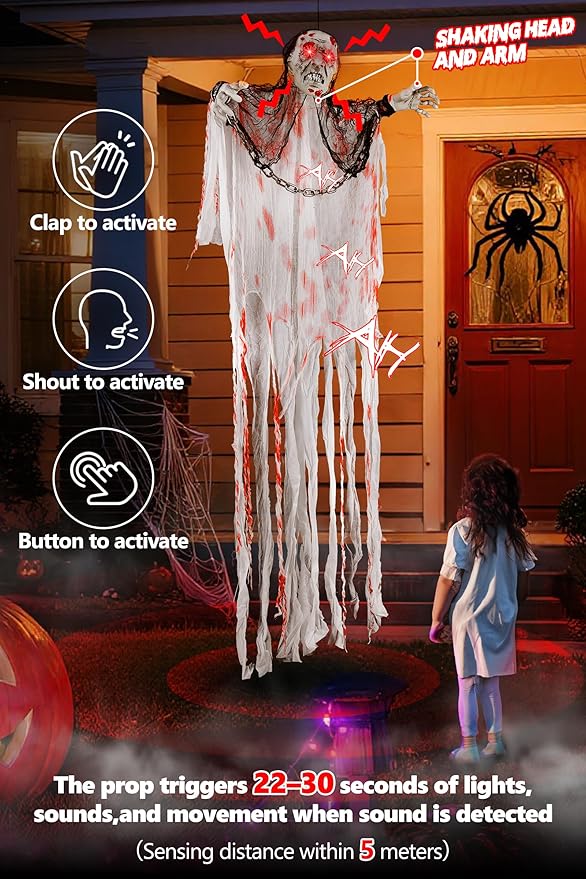 Joomer Animated Halloween Decorations, Life-Size Animatronic Hanging Ghost Scary, Faceless Grim Reaper Swing White Robe with Creepy Sound and Light for Indoor Outdoor Horror Decor