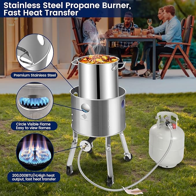 ARC 32QT Stainless Steel Stockpot with 200,000BTU Propane Burner, Seafood Boil Pot and Burner with Basket and 36 Inch Mix Spoon, Cookware for Crawfish Crab Shrimp Boil, Turkey Fryer, Tamale Steamer