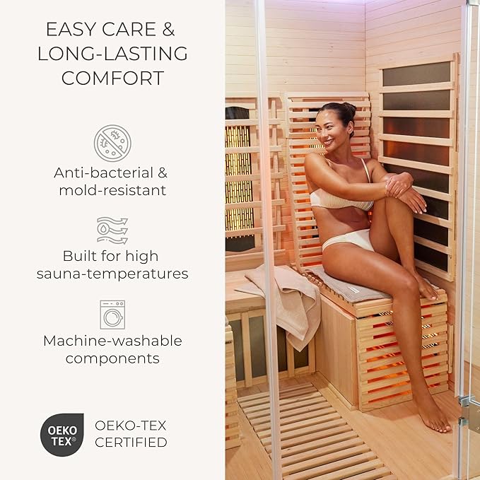SAUNASOFA™ Sauna Mat & Pillow Set – 3 seater sauna seat cushion and pillow for indoor and outdoor infrared or finnish sauna – luxury sauna gift in taupe