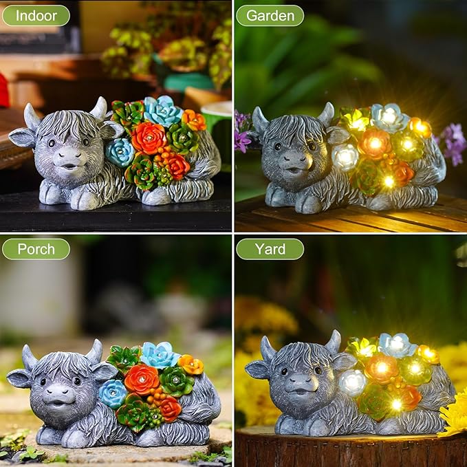 Nacome Solar Garden Statues Highland Cow with Succulent and 6 LED Lights - Lawn Decor for Patio Balcony Yard Ornaments - Birthday Gifts Mom Grandma Women(Grey)