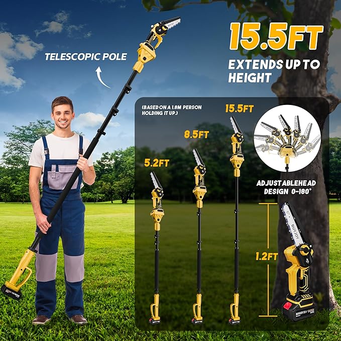 2-in-1 Cordless 6 in Pole Saw for Tree Trimming,15.5 ft Extended Reach Electric Saw with 180° Adjustable Head, Brushless Motor, 2 x 1300 Ah High-Capacity Batteries & Extra Chain