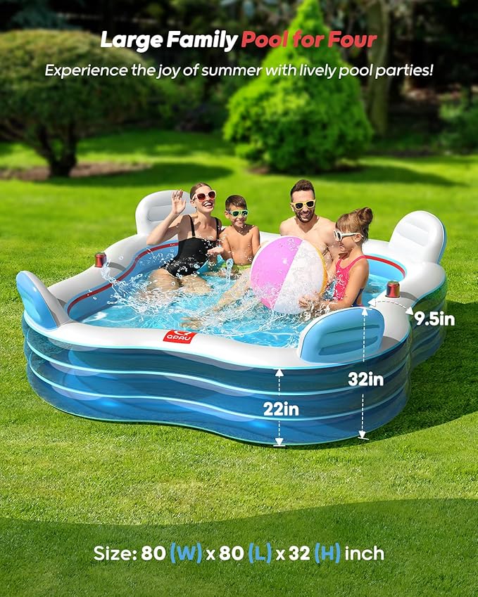 QPAU Inflatable Swimming Pool, Full-Sized Blow Up Pools with Seats and Backrests, Kiddie Pool for Outdoor & Backyard, for Family Summer Time Fun, Jelly Blue
