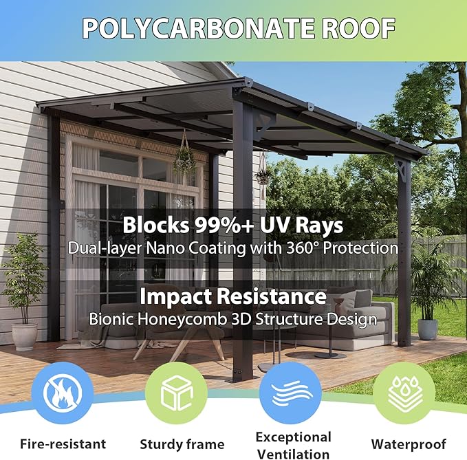 Aoxun 8'x10' Gazebo for Patio, Premium Pergola with Sloped Roof, Large Wall-Mounted Heavy Duty Awnings, for Backyard, Patio, Deck and More (Gray Polycarbonate Panel)