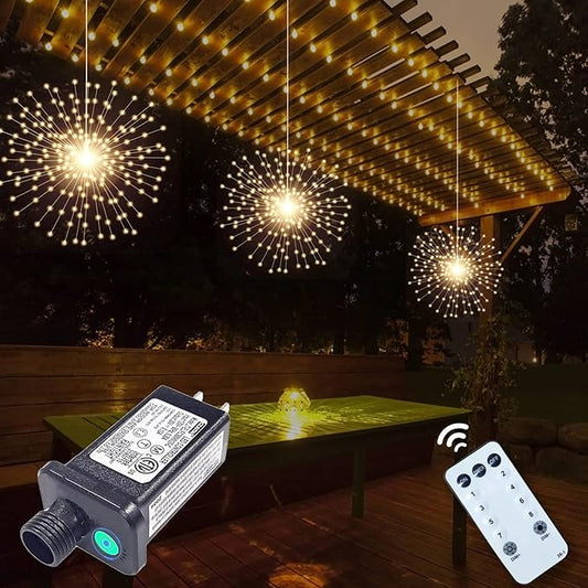 3 Pack 600 LED Plug-in Starburst Lights, Firework Light 8 Modes Dimmable Remote Control Waterproof Hanging Fairy Lights, Copper Wire Light for Patio Party Tent Halloween Christmas Decor (Warm White)