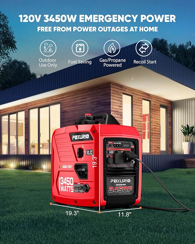 3450-Watt Dual Fuel Inverter Generator for Home Use, 1.6Gallon Large Fuel Tank Up to 8.3 Hours Use, 120V Gas Powered Generator Super Quiet, Red