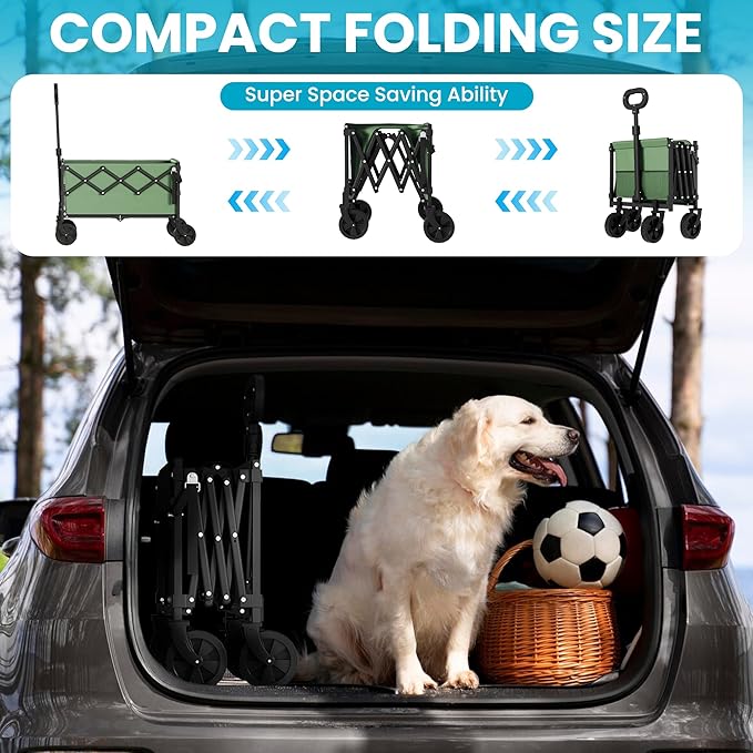 Collapsible Wagon with Tailgate, Ultra-Compact & Portable Folding Wagon with 350lbs Capacity, Lightweight Portable Utility Wagon Cart for Shopping Camping Sports Garden（Green）