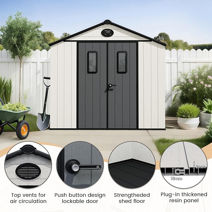 8 x 8 FT Plastic Outdoor Storage Shed with Floor,Garden Resin Shed with Window and Lockable Door, Outside Sheds for Bike, Garbage Can, Tool