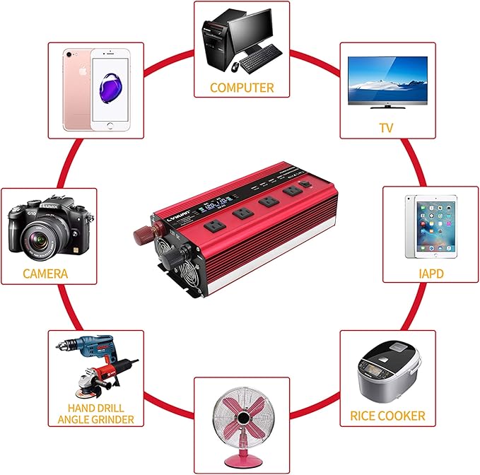 LVYUAN Power Inverter with 4 AC Outlets, LCD Display, Wireless Remote Control, Car Power Inverter for Car, RV, Truck, Off Grid Solar System, Camping (Red, 12V-2000W)