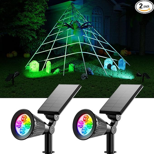 2 Pack Color Change Halloween Solar Spotlights Outdoor Rainbow Waterproof Landscape Uplights for Outside Decor, Skeletons, Ghost, Witch, Accent Lighting for Wall, House, Patio, Path, Pool, Walkway