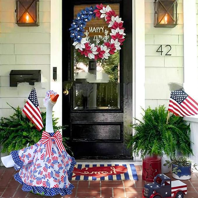 4th of July Goose Outfit Independence Day Clothes for Porch Goose 23" Cement Statue - Outdoor Patio Yard Lawn Decoration