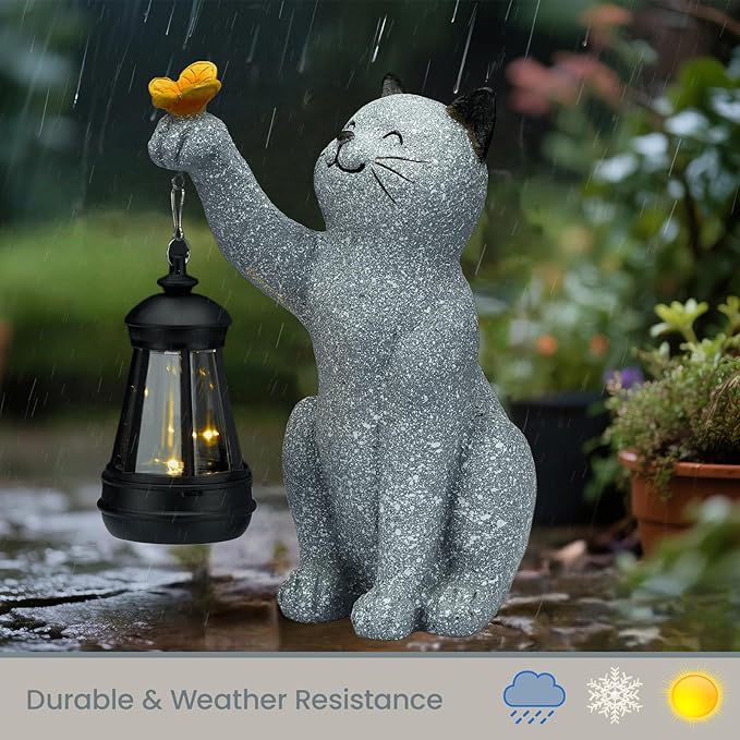 Solar Cat Garden Statue Outdoor Decor, Cat Sculpture with Lantern and Butterfly for Yard Lawn Patio Balcony, Christmas, Birthday Housewarming Gifts for Mom, Grandma, Women, 9.4 inch, Resin
