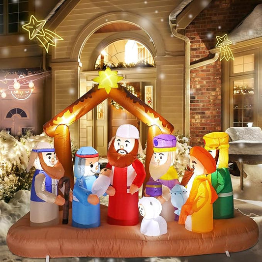VCUTEKA Christmas Inflatables Outdoor Decorations, 7FT Inflatable Nativity Scene Manger Set with Sheep Stable Jesus Blow Up Built-in LED Lights for Holiday Yard Garden Lawn Xmas Decor