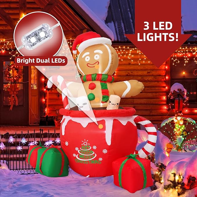 Gardwin 6ft Gingerbread Christmas Inflatable Outdoor Decoration, Christmas Outdoor Decoration Blow up Gingerbread Mug Yard Decorations Clearance with Built-in LEDs for Indoor Garden Lawn Party Decor