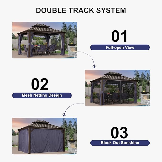 PURPLE LEAF Hardtop Gazebo 10' X 13' Galvanized Steel Roof with Netting and Curtains Backyard Deck Garden Canopy Aluminum Frame Permanent Outdoor Pavilion