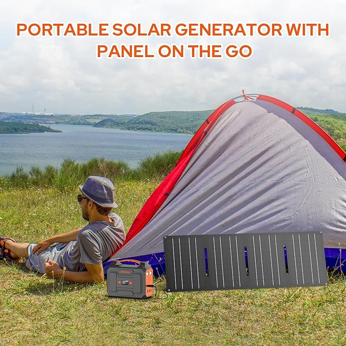 100W Portable Power Station with Foldable Solar Panel, 110V Camping Power Bank with AC Outlet, Rechargeable Battery Solar Generator Power supply for Smart Device Outdoor RV Travel, Emergency Backup