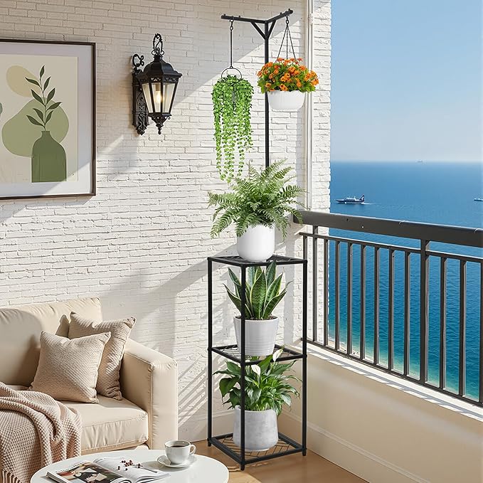 3-Tier Hanging Plant Stand Indoor Outdoor - 67" Tall Corner Shelf for 5 Potted Flowers,Square Planter Holder Metal Display Rack for Living Room, Balcony, Garden,Space-Saving Standing Plant Hanger
