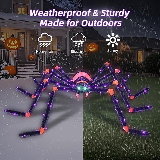 HOYECHI Halloween Decorations Giant Spider 6.8ft - Big Spider Holiday Decor Outdoor, Light Up Spider with 115 LED Lights for Front Yard Porch Gardens Party Outside Halloween Decorations - Black
