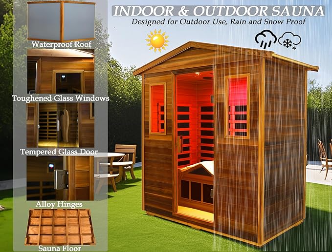 Red Cedar Ultra Low EMF Far Infrared Outdoor Sauna 3 Person with Ergonomic Seat, Mid-IR Beauty Lamp, 1950 W, 7 Infrared Carbon Plate Heaters, Chromotherapy Lamp, Reading Lamp, Bluetooth Speaker