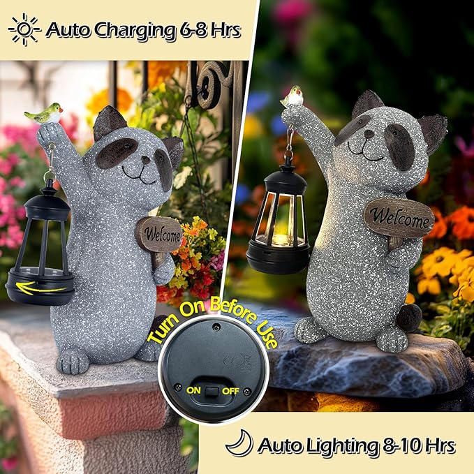 Raccoon Garden Statue with Solar Lantern, Cute Raccoon Figurine Light with Welcome Sign and Bird for Outdoor Patio Balcony Yard, Unique Resin Statue for Mom Grandma Women