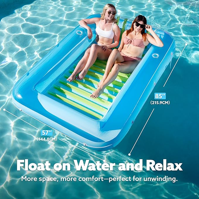 SLOOSH Inflatable Tanning Pool Lounger Float, 85" x 57" Extra Large Pool Floats Adult with Pillow, 4 in 1 Suntan Tub Raft Floatie,Sunbathing Bed Lounge for Water Blow Up Ball Pit, XL-Blue Green