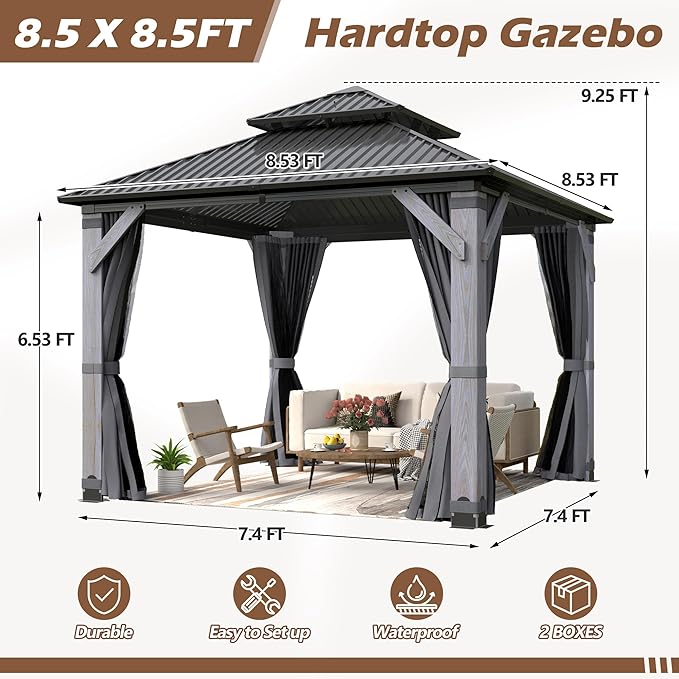 8.5 x 8.5FT Wood Gazebo,Outdoor Wooden Hardtop Gazebo with Galvanized Steel Doule Roof,Cedar Wood Frame Gazebos with Netting &Curtains for Backyard Deck