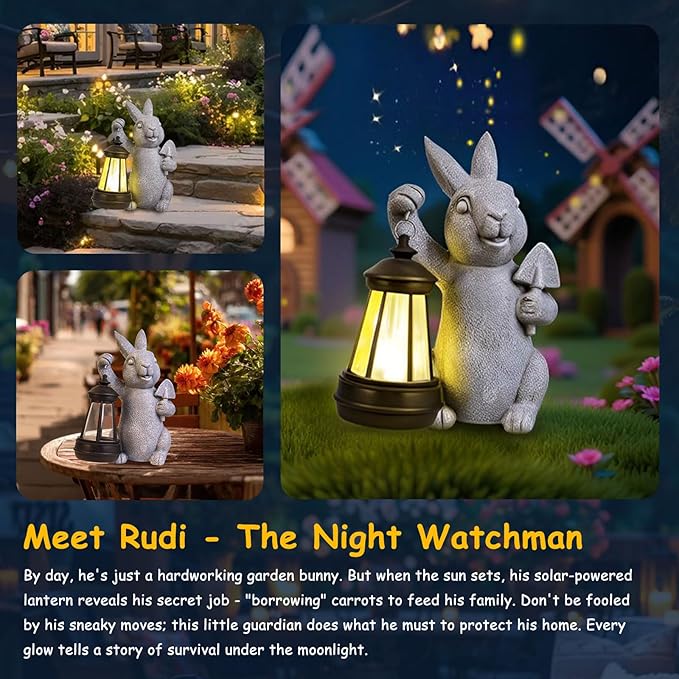 Rabbit Statue Garden Ornaments Art Outdoor Decoration with Solar Powered LED Lights Decor for Patio,Balcony,Yard, Mum Birthday Gifts, Garden Gifts for Women