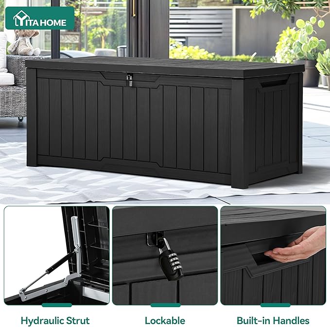 YITAHOME 120 Gallon Resin Deck Box, Weather Resistant Outdoor Storage Box for Patio Cushions, Garden Tools, Pool Supplies, Lockable, Easy With Tool Assembly, Extra Seat or Table (Black)