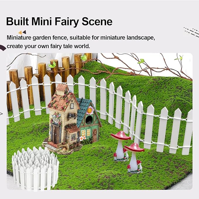 Miniature Fairy Garden Fence,DIY Wood Picket Fence Mini Ornament,Home Garden Plant Pot DIY Diorama Project (White,1.96"x 35.4")
