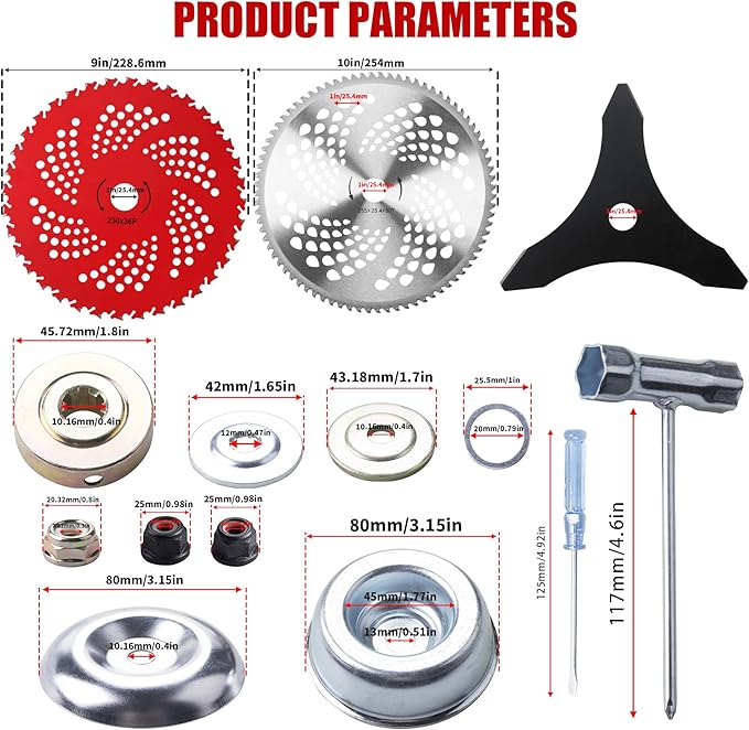 10" x 80T Carbide Tip Brush Cutter Trimmer Blades & 9" x 36 Teeth Carbide Tipped Blades & 10" x 3 Teeth Carbon Blades with Adapter Kit