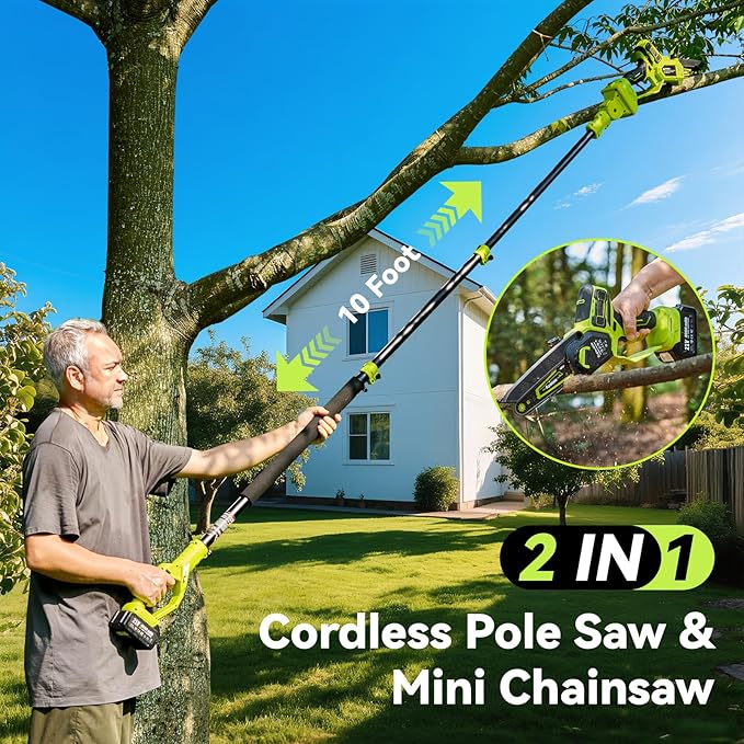 Electric Pole Saws for Tree Trimming, 6" & 8" Mini Chainsaw Cordless with Extension Pole & 2x4Ah Batteries, 20V Pole Chain Saw Battery Powered, Max Reach 16 Ft, Tree Trimmer Limb Branch Cutter Pruner