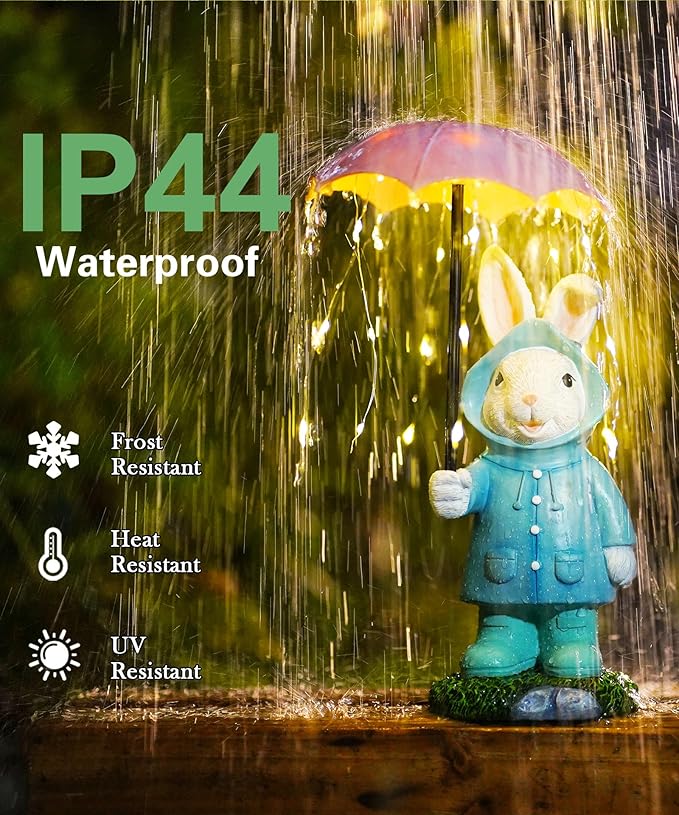 Solar Rabbit Garden Statue Outdoor Decor, Bunny Figurines Lights with Umbrella for Outside Yard Lawn Ornaments,Gifts for Mother's Day Birthday Easter Housewarming
