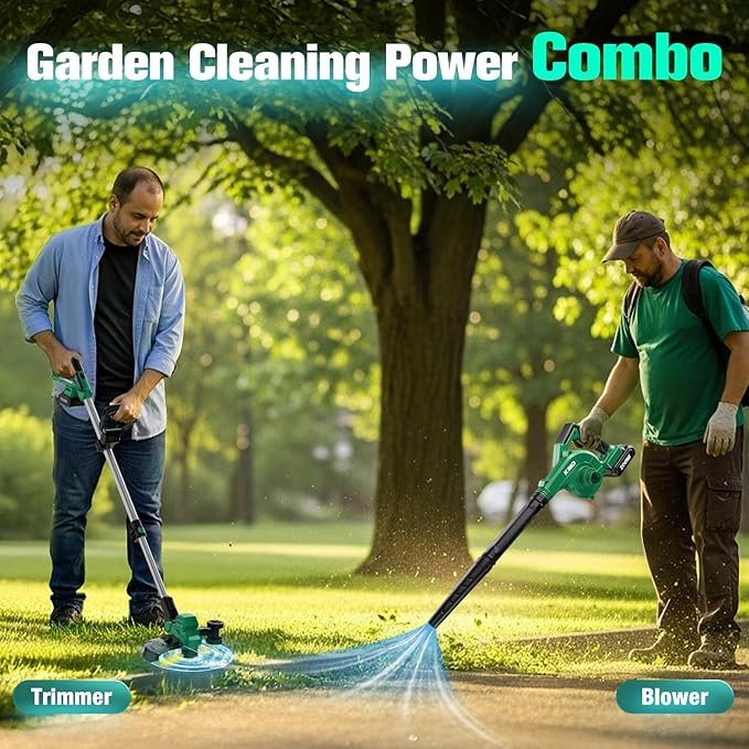 KIMO Weed Wacker and Blower Combo w/2 x 2.0Ah Battery & Charger, 12 Inch String Trimmer w/6pcs Replacement Spools, 4-in-1 Leaf Blower Cordless w/Vacuum, 3 Nozzles & 20" Extended Tube for Yard, Garden