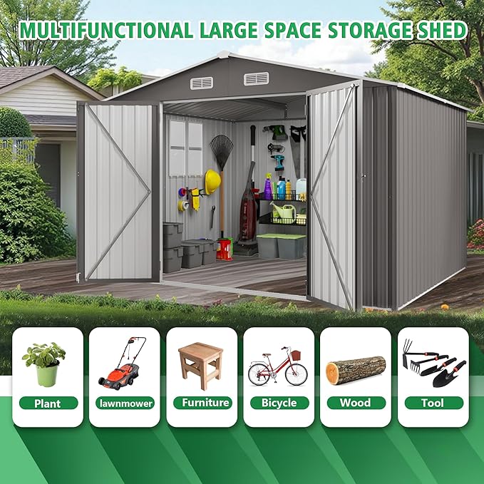 10x12 FT Outdoor Storage Shed,Large Metal Garden Shed with Double Door and Two Windows Waterproof Tool Shed for Backyard Patio Lawn Poolside,Grey