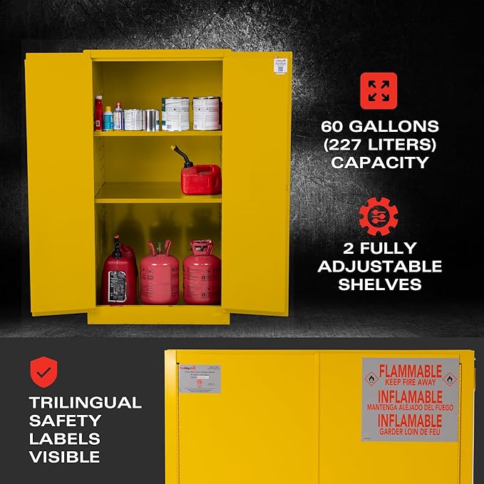 FireKing Yellow Flammable Safety Cabinet, Flammable Liquids Storage Cabinet, 60 Gallon Steel Safety Cabinets with Manual Door for Commercial, Industrial & Home Use, 34" x 34" x 65"