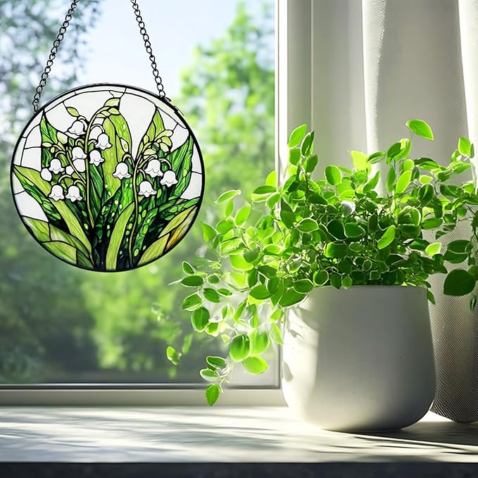 Stained Glass Window Hanging, Lily of The Valley Flower Diamond Glass Panel Suncatcher Green Plant Sun Catchers for Home Garden Balcony Window Decor, Plant Lover Gifts (11.8 Inch)