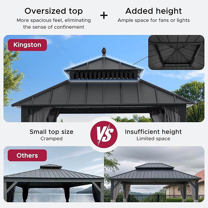 SUNJOY Kingston 10' x 10' Hardtop Gazebo with Galvanized Steel Double Roof, Curtain and Netting, Gray Aluminum Posts Permanent Pavilion Gazebo for Garden, Patio, Deck, Lawn