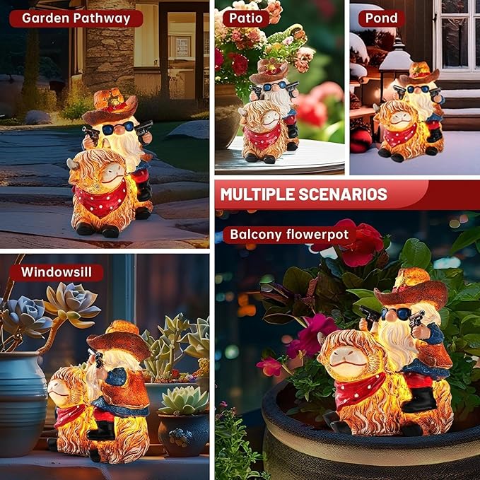 Solar Highland Cow Gnome Statue - Hand-Painted Resin Outdoor Decor for Garden & Yard, Unique Mothers Day Birthday Gifts for Grandma Women (Weatherproof)