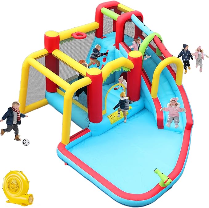 Inflatable Water Slide Bounce Castle with Blower, Dry and Wet Blow Up Jumping Bouncer with Slide, Climbing Wall, Basketball, Funny Tunnel, Soccer, Ball Pit Pool for Outdoor