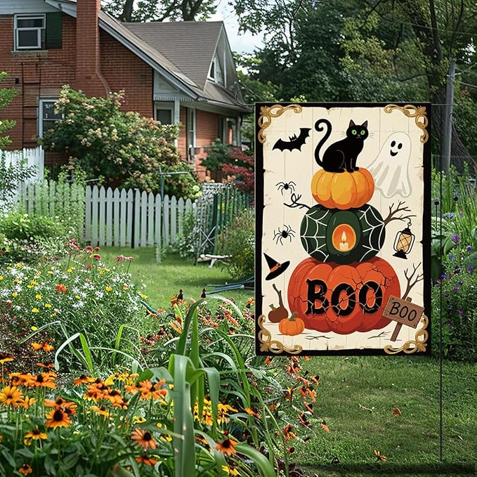 Halloween Boo Garden Flag Scary Ghost Bat Fall Halloween Themed Holiday Party Outside Outdoor Lawn Decorations Yard Flag Double Sided 12x18 Inch