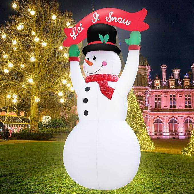 12 Feet Inflatable Christmas Banner Snowman Outdoor Holiday Decoration with LED Lights Christmas Inflatable Decor Seasonal Lawn Garden Entrance Party Décor Happy Festive Atmosphere