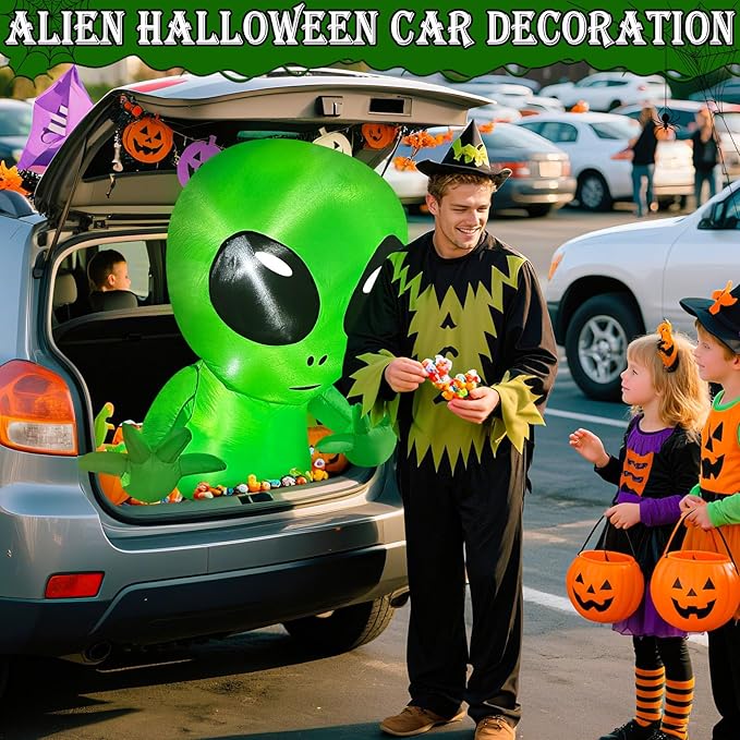 3.5 Ft Halloween Inflatable Alien Trunk Or Treat Car Decoration with Built-in LEDs, Halloween Blow Up Alien Broke Out from Car Decoration Outdoor Yard Decor